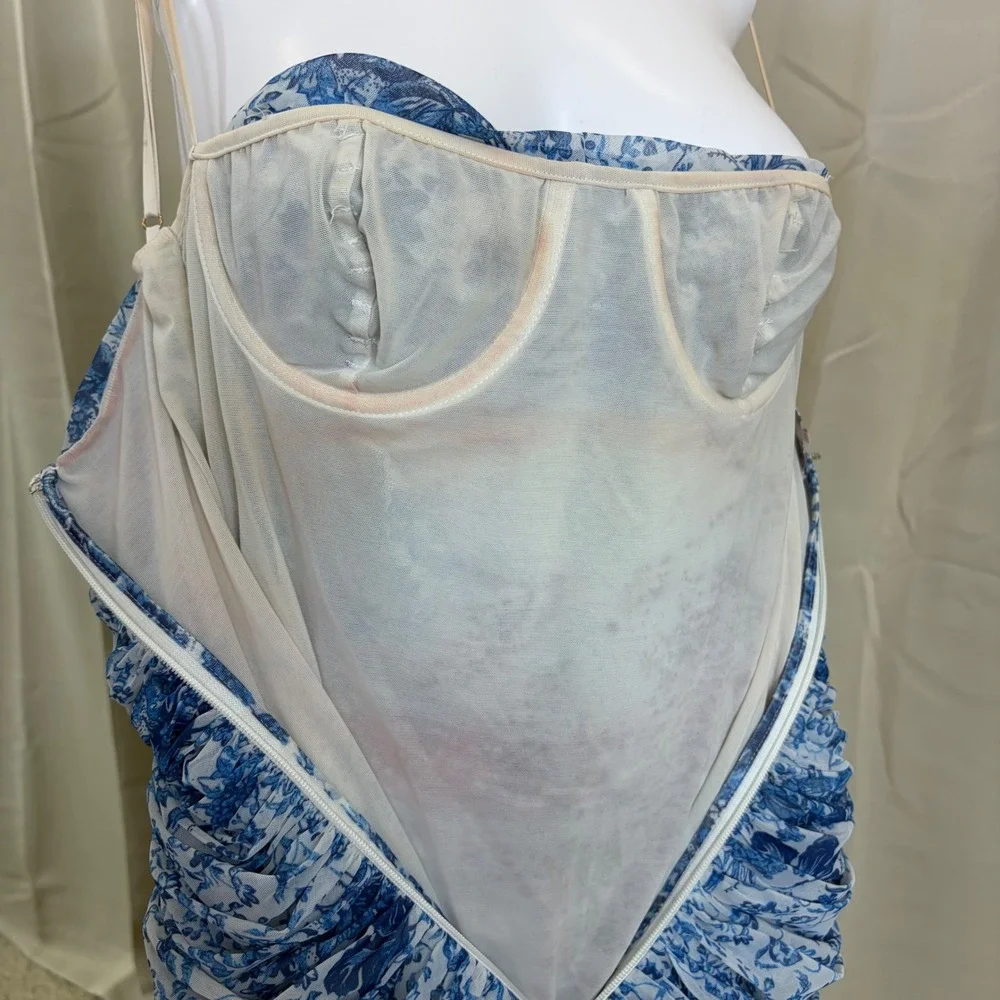 House of CB London Blue White Floral Ruched Mesh Mini Dress Toile De Jouy Small